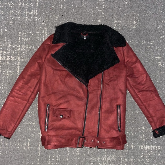 MISSGUIDED faux suede shearling burgundy and black biker Moto aviator jacket - Picture 4 of 4